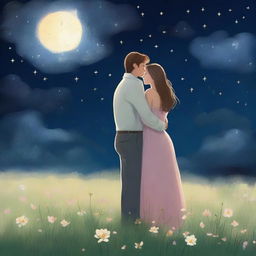 A heartfelt scene depicting a man and a woman standing together in a vast meadow of blooming flowers under a night sky