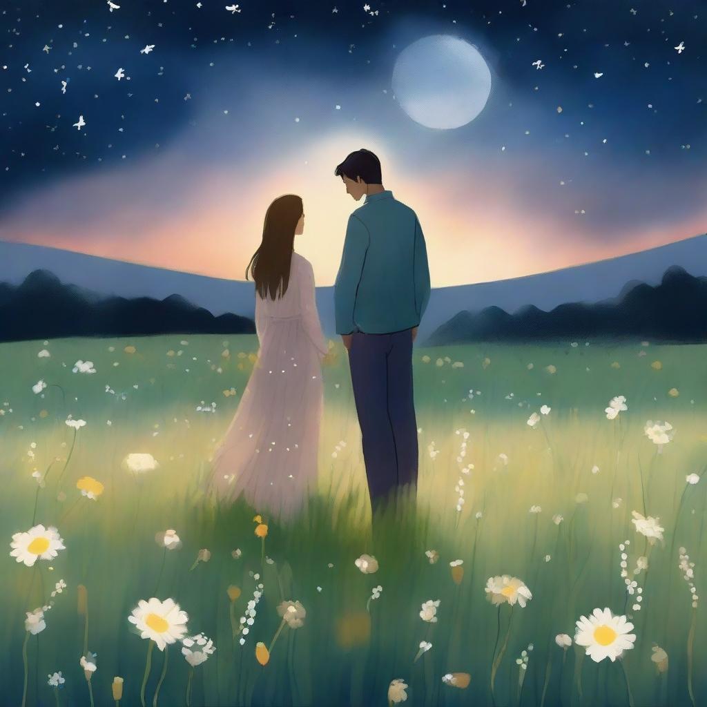 A heartfelt scene depicting a man and a woman standing together in a vast meadow of blooming flowers under a night sky