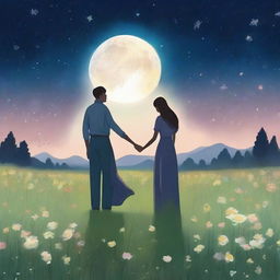 A heartfelt scene depicting a man and a woman standing together in a vast meadow of blooming flowers under a night sky