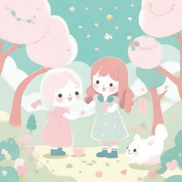 A cute, pastel-themed illustration featuring adorable characters, soft colors, and a whimsical background