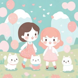 A cute, pastel-themed illustration featuring adorable characters, soft colors, and a whimsical background