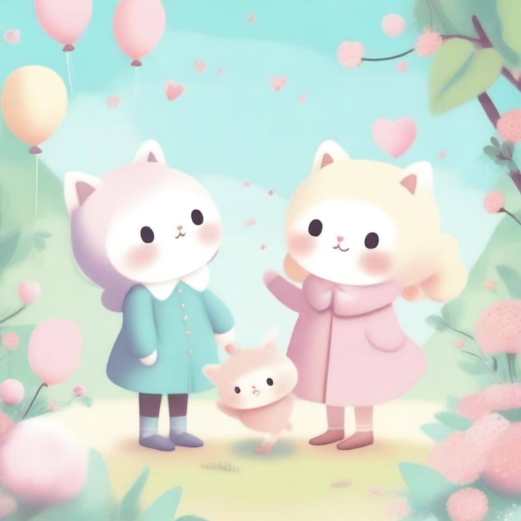 A cute, pastel-themed illustration featuring adorable characters, soft colors, and a whimsical background