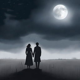 A somber scene depicting a man and a woman standing together in a vast, desolate meadow under a dark, cloudy night sky