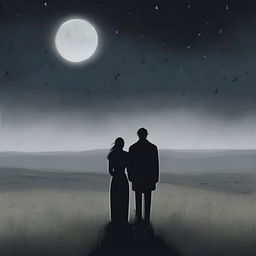 A somber scene depicting a man and a woman standing together in a vast, desolate meadow under a dark, cloudy night sky