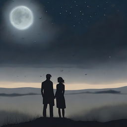 A somber scene depicting a man and a woman standing together in a vast, desolate meadow under a dark, cloudy night sky