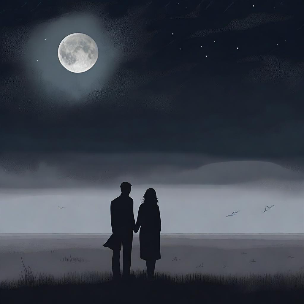 A somber scene depicting a man and a woman standing together in a vast, desolate meadow under a dark, cloudy night sky