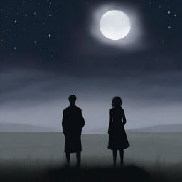 A somber scene depicting a man and a woman standing together in a vast, desolate meadow under a dark, cloudy night sky