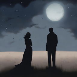 A somber scene depicting a man and a woman standing together in a vast, desolate meadow under a dark, cloudy night sky