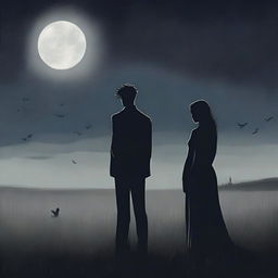 A somber scene depicting a man and a woman standing together in a vast, desolate meadow under a dark, cloudy night sky