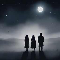 A somber scene depicting a man and a woman standing together in a vast, desolate meadow under a dark, cloudy night sky