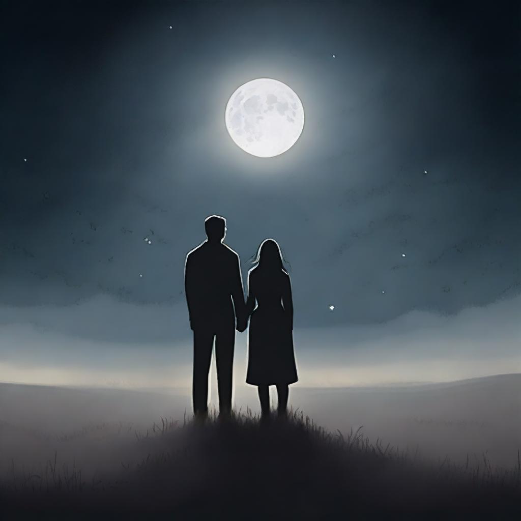 A somber scene depicting a man and a woman standing together in a vast, desolate meadow under a dark, cloudy night sky