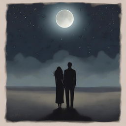 A somber scene depicting a man and a woman standing together in a vast, desolate meadow under a dark, cloudy night sky