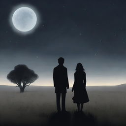 A somber scene depicting a man and a woman standing together in a vast, desolate meadow under a dark, cloudy night sky