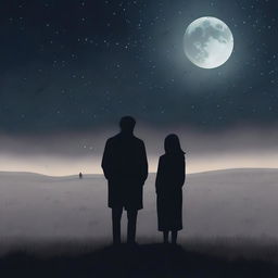 A somber scene depicting a man and a woman standing together in a vast, desolate meadow under a dark, cloudy night sky