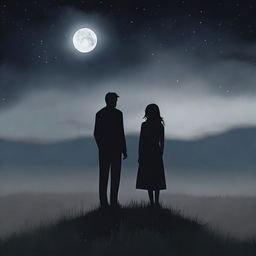 A somber scene depicting a man and a woman standing together in a vast, desolate meadow under a dark, cloudy night sky