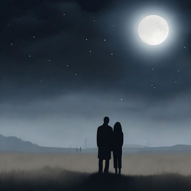 A somber scene depicting a man and a woman standing together in a vast, desolate meadow under a dark, cloudy night sky