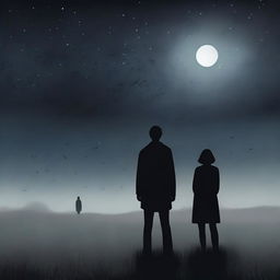 A somber scene depicting a man and a woman standing together in a vast, desolate meadow under a dark, cloudy night sky