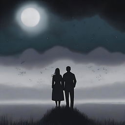 A somber scene depicting a man and a woman standing together in a vast, desolate meadow under a dark, cloudy night sky