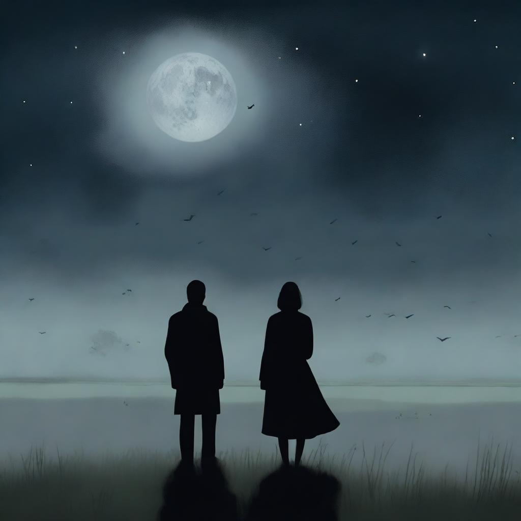 A somber scene depicting a man and a woman standing together in a vast, desolate meadow under a dark, cloudy night sky