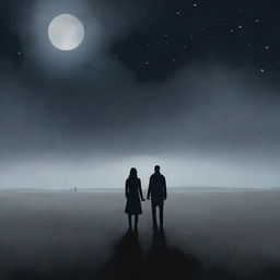 A somber scene depicting a man and a woman standing together in a vast, desolate meadow under a dark, cloudy night sky