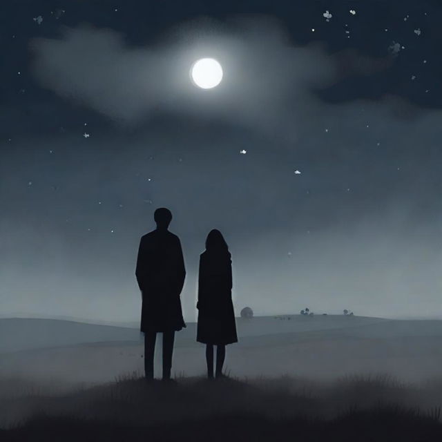 A somber scene depicting a man and a woman standing together in a vast, desolate meadow under a dark, cloudy night sky