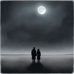 A somber scene depicting a man and a woman standing together in a vast, desolate meadow under a dark, cloudy night sky