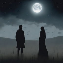 A somber scene depicting a man and a woman standing apart in a vast, desolate meadow under a dark, cloudy night sky