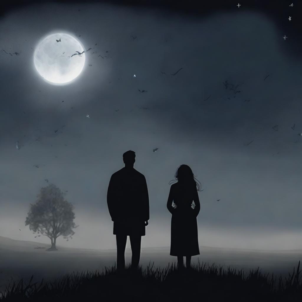 A somber scene depicting a man and a woman standing apart in a vast, desolate meadow under a dark, cloudy night sky