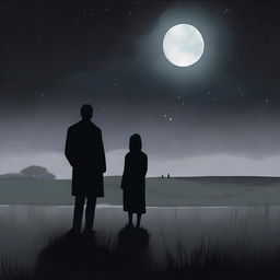 A somber scene depicting a man and a woman standing apart in a vast, desolate meadow under a dark, cloudy night sky