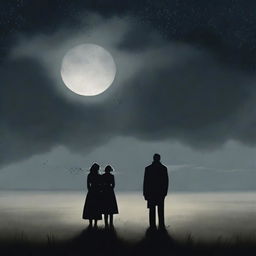 A somber scene depicting a man and a woman standing apart in a vast, desolate meadow under a dark, cloudy night sky