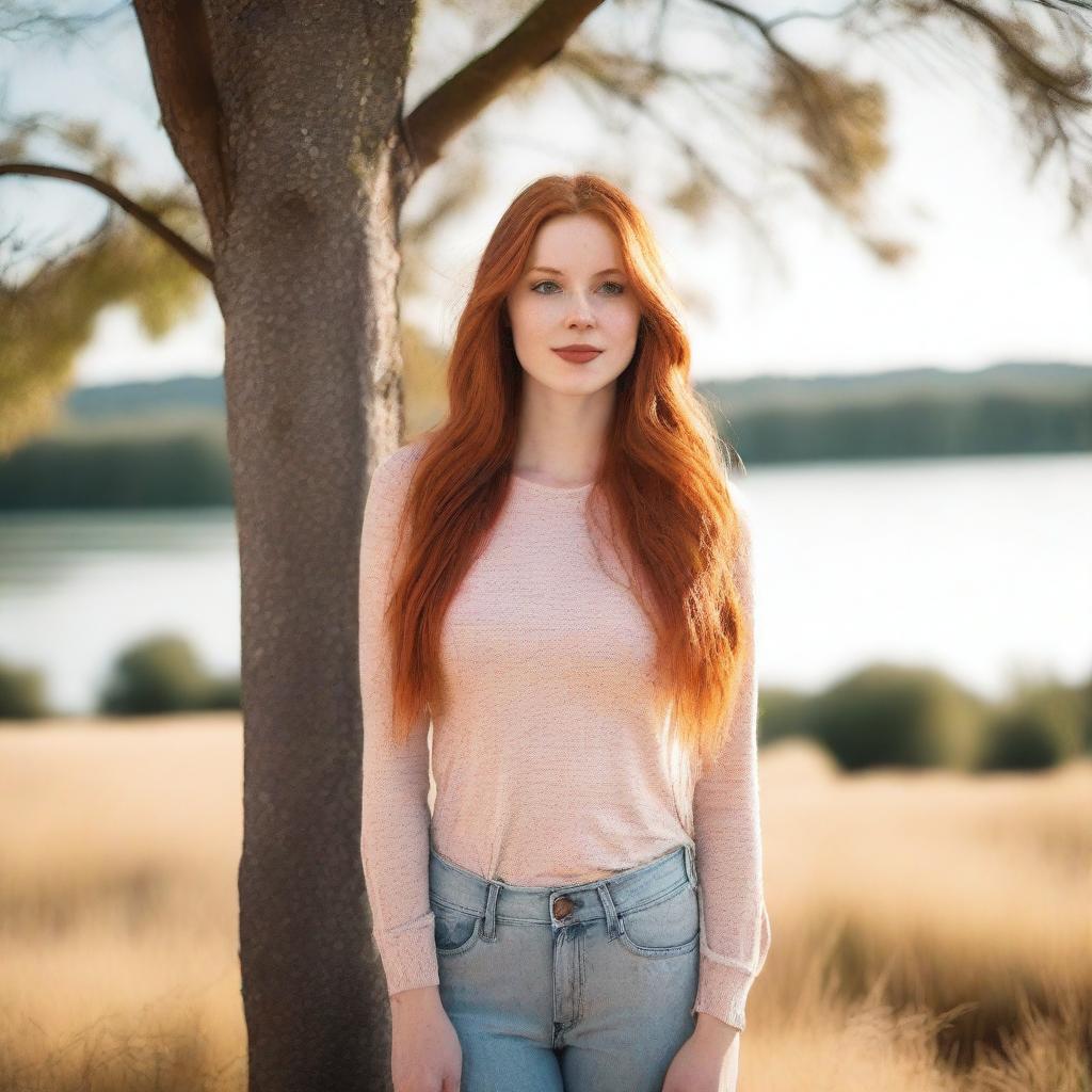 A busty pale redhead woman with straight long hair, standing in a natural setting