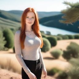 A busty pale redhead woman with straight long hair, standing in a natural setting