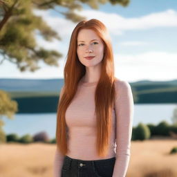 A busty pale redhead woman with straight long hair, standing in a natural setting