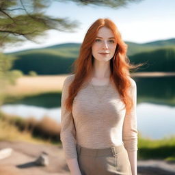 A busty pale redhead woman with straight long hair, standing in a natural setting