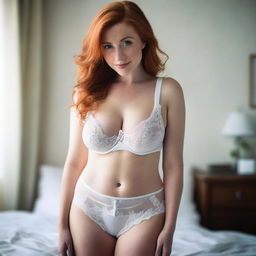 A very busty pale redhead woman with straight hair wearing white lingerie