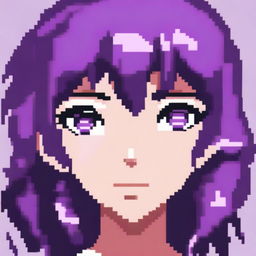 A pixel art image of an anime-style female character's head with purple hair