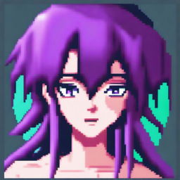 A pixel art image of an anime-style female character's head with purple hair