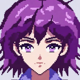 A pixel art image of an anime-style female character's head with purple hair