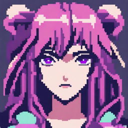 A pixel art image of an anime-style female character's head with purple hair