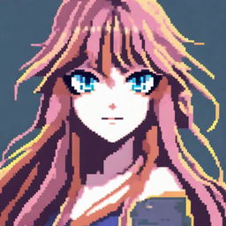 A pixel art image of an anime-style female character's head with long, flowing hair