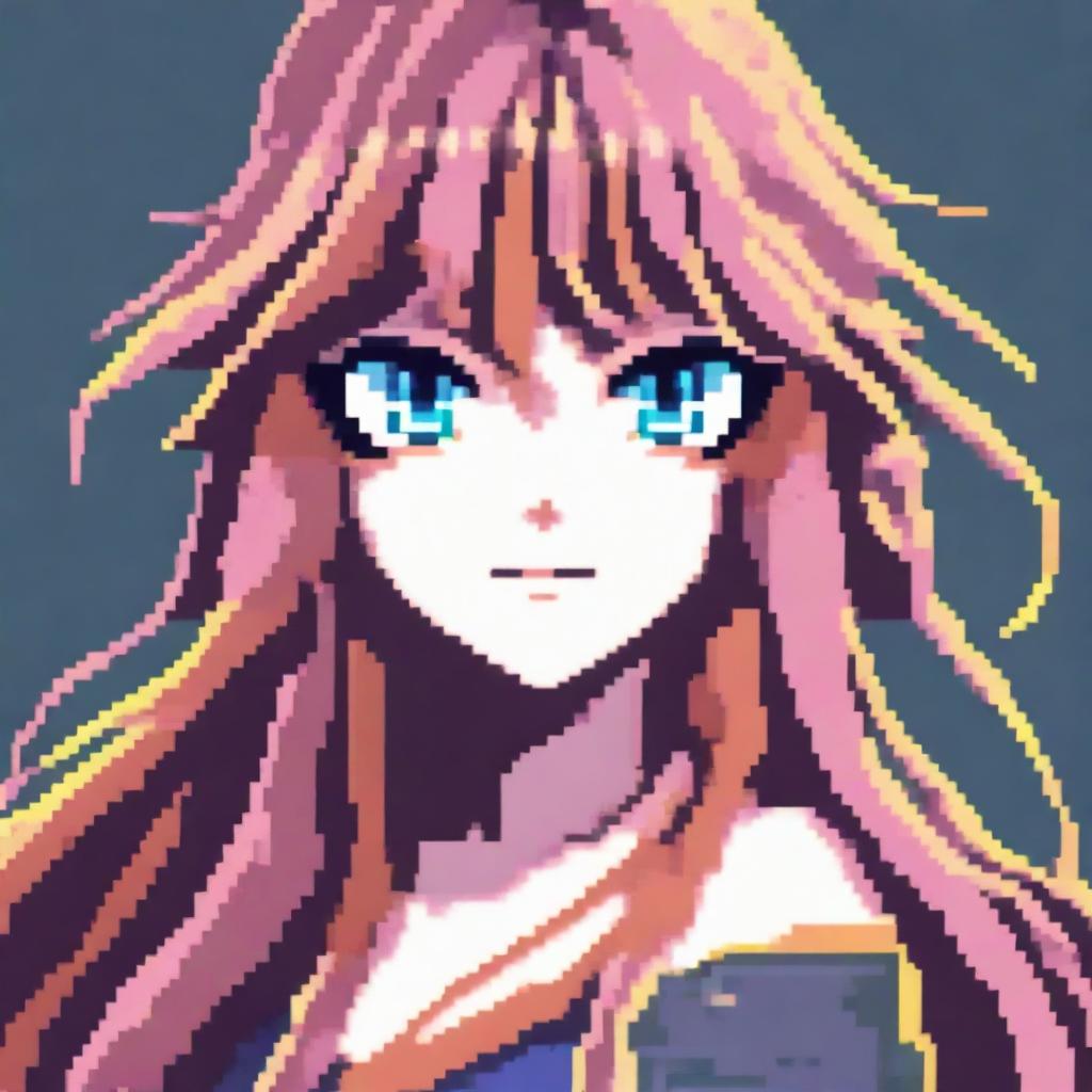 A pixel art image of an anime-style female character's head with long, flowing hair