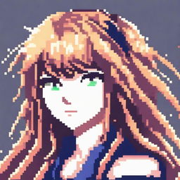 A pixel art image of an anime-style female character's head with long, flowing hair