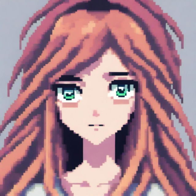 A pixel art image of an anime-style female character's head with long, flowing hair