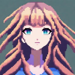 A pixel art image of an anime-style female character's head with long, flowing hair