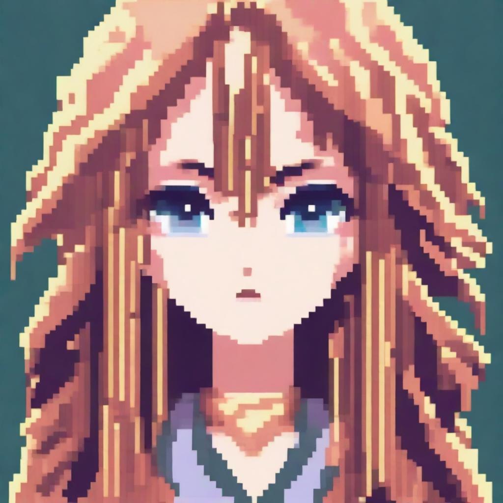 A pixel art image of an anime-style female character's head with long hair