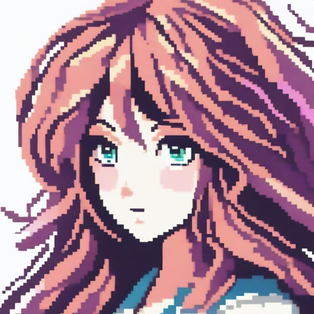 A pixel art image of an anime-style female character's head with long hair