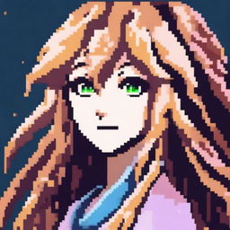 A pixel art image of an anime-style female character's head with long hair