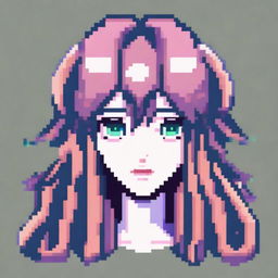 A pixel art image of an anime-style female character's head with long hair