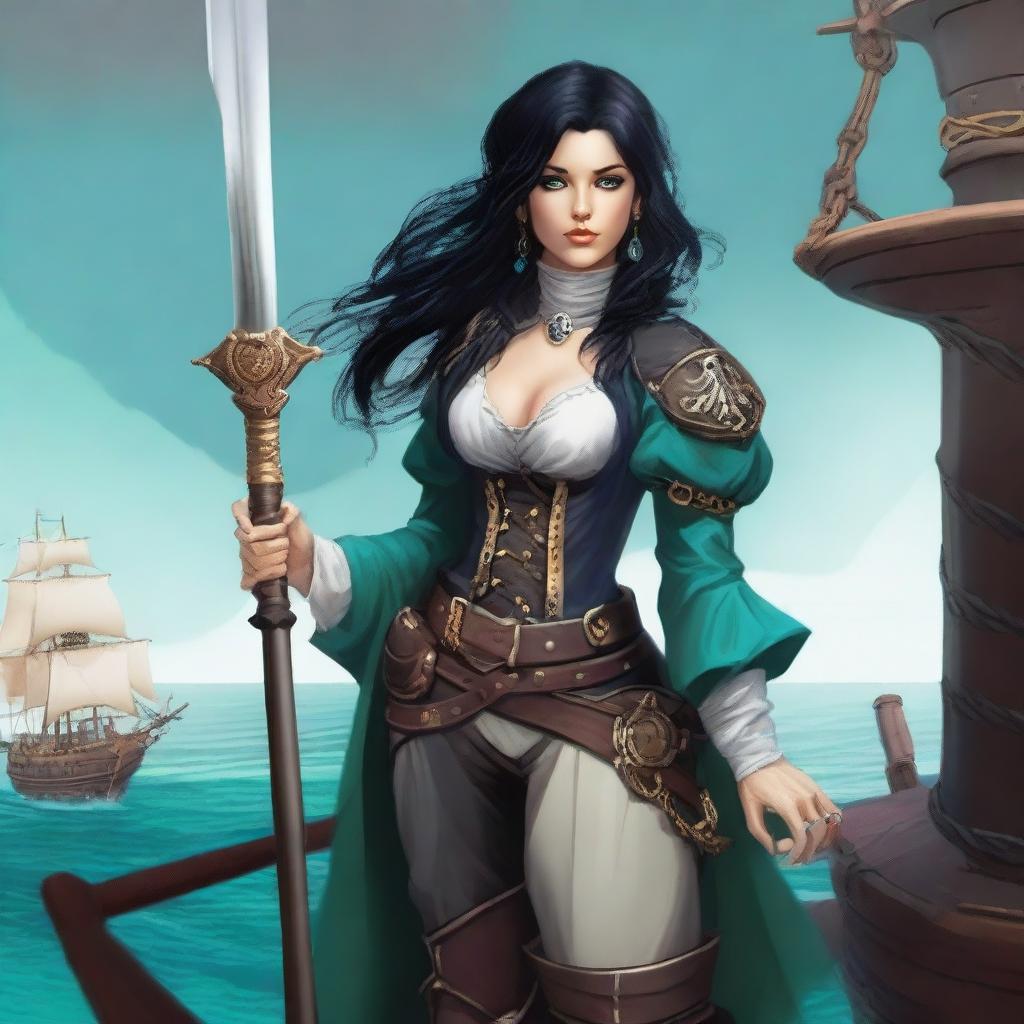 A female human cleric of Umberlee depicted as a pirate captain