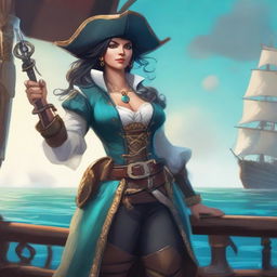 A female human cleric of Umberlee depicted as a pirate captain